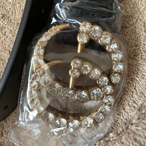GUCCI black leather belt crystal buckle new 48”